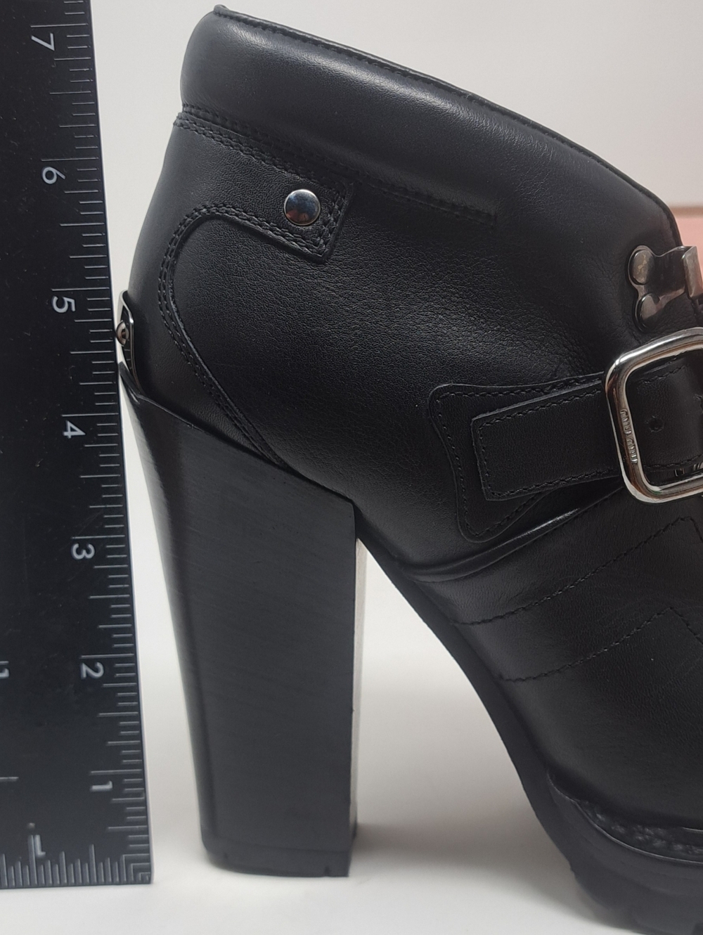 Miu Miu Ankle Combat Boots Moto Black Leather Steel Buckle Block Heels 35.5 IT - Picture 15 of 16